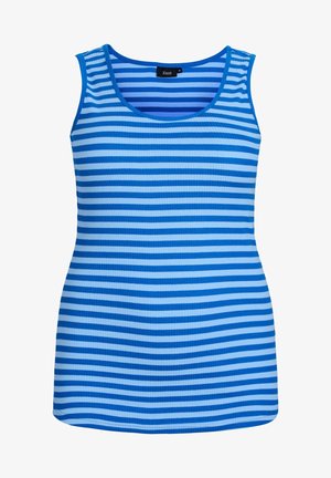 Débardeur bleu avec des rayures horizontales de différentes nuances de bleu. Fabriqué en tissu ribbé, avec un col en scoop et sans manches.