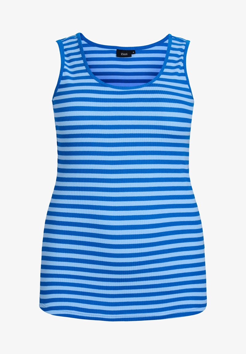 Sininen hihaton paita, jossa on vaakasuorat raidat erilaisissa sinisen sävyissä. Valmistettu ribbikankaasta, jossa on pyöreä pääntie.