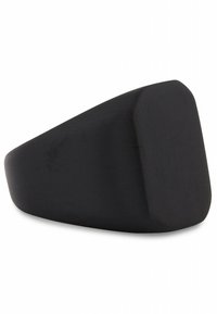 Black ring with a flat, geometric design. Made of smooth material, featuring a matte finish and a bold, angular shape.