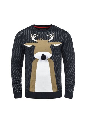 Maglione lavorato a maglia con motivo renna; blu scuro con accenti bianchi e marroni, scollo rotondo, polsini e orlo a coste.
