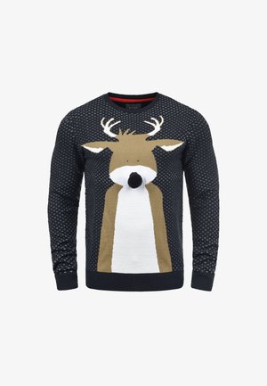 Kötött pulóver jávorszarvas mintával; sötétkék színű, fehér és barna részletekkel, kerek nyakkivágással, bordázott mandzsettákkal és szegéllyel.