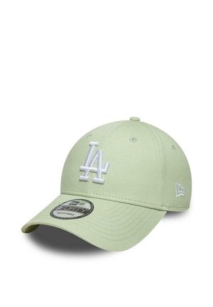 Light green adjustable baseball cap with white LA logo on front and a curved brim facing left.