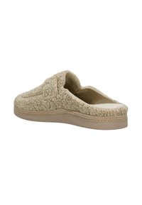 Beige slip-on slipper with textured fleece upper, cushioned inner sole, and slightly raised rubber sole, viewed from the back and side.