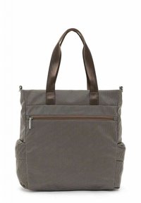 Braune, strukturierte Tragetasche mit doppelten Griffen, ausgestattet mit einer Reißverschlusstasche auf der Vorderseite und Seitentaschen für zusätzlichen Stauraum.