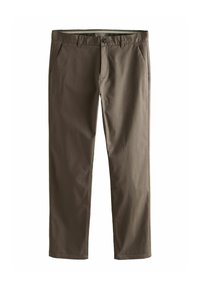 Brune bomulds chinos med lige ben-design, forlommer og knaplukning. Har en glat tekstur og rene linjer.