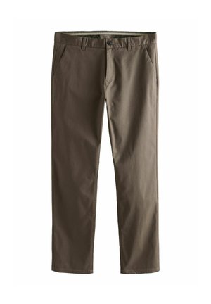 Bruine katoenen chinos met een recht gesneden ontwerp, achterzakken en een knoopsluiting. Heeft een gladde textuur en strakke lijnen.