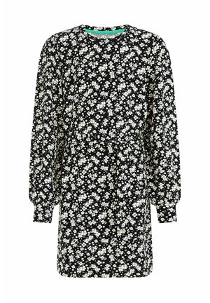 Czarna sukienka z długim rękawem, z białym kwiatowym wzorem, z paskiem w talii i okrągłym dekoltem.
