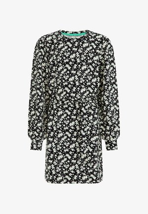 Sort langærmet kjole med hvidt blomsterprint, indsnøret talje og rund halsudskæring.