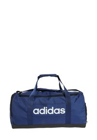 Borsa a duffel blu con accenti neri, materiale in tessuto, maniglie superiori, chiusura con zip e grande logo bianco del marchio su un lato.