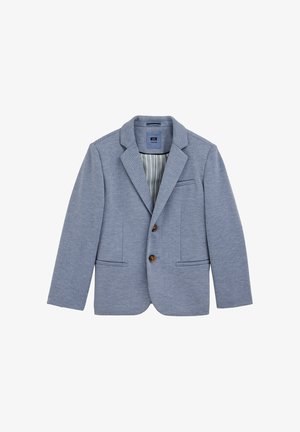 Svijetloplavi blejzer od teksturiranog platna s dvije kopče, reverom s prorezom i dva prednja džepa s prugastim unutarnjim uložkom.