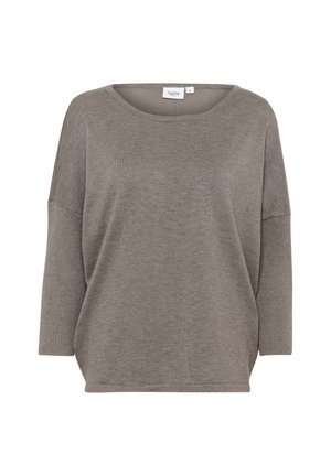 Grauer, oversized Pullover mit weitem Ausschnitt und Dreiviertelärmeln. Hergestellt aus weichem Strickmaterial mit glatter Textur und gerippten Akzenten.