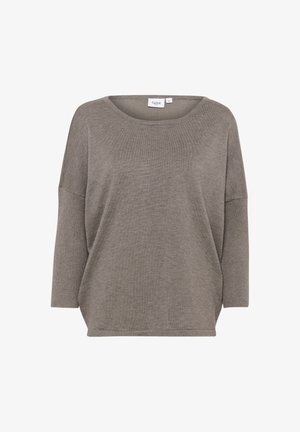 Gray, oversized sweater with a wide neckline and three-quarter sleeves. Made of soft knit material with a smooth texture and ribbed accents.