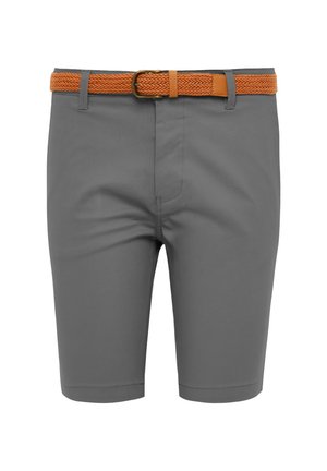 Grå knælange shorts med et lysebrunt flettet bælte, vist forfra mod en hvid baggrund. Ingen synlige logoer eller mønstre.