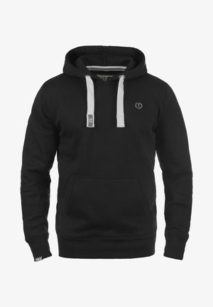 Zwarte hoodie van een katoenmengsel met witte trekkoorden, een voorkauwzak, ribgebreide manchetten enzoom, met een klein embleem op de borst.