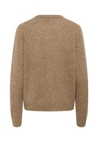 Beige pletený svetr s měkkou strukturou, kulatým výstřihem a dlouhými rukávy. Design má uvolněný střih a žebrované detaily na manžetách.