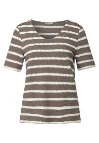 Pruhované tričko v hnědé a krémové barvě, se zkrácenými rukávy, výstřihem do V a strukturou pleteniny s vlnkovým vzorem.