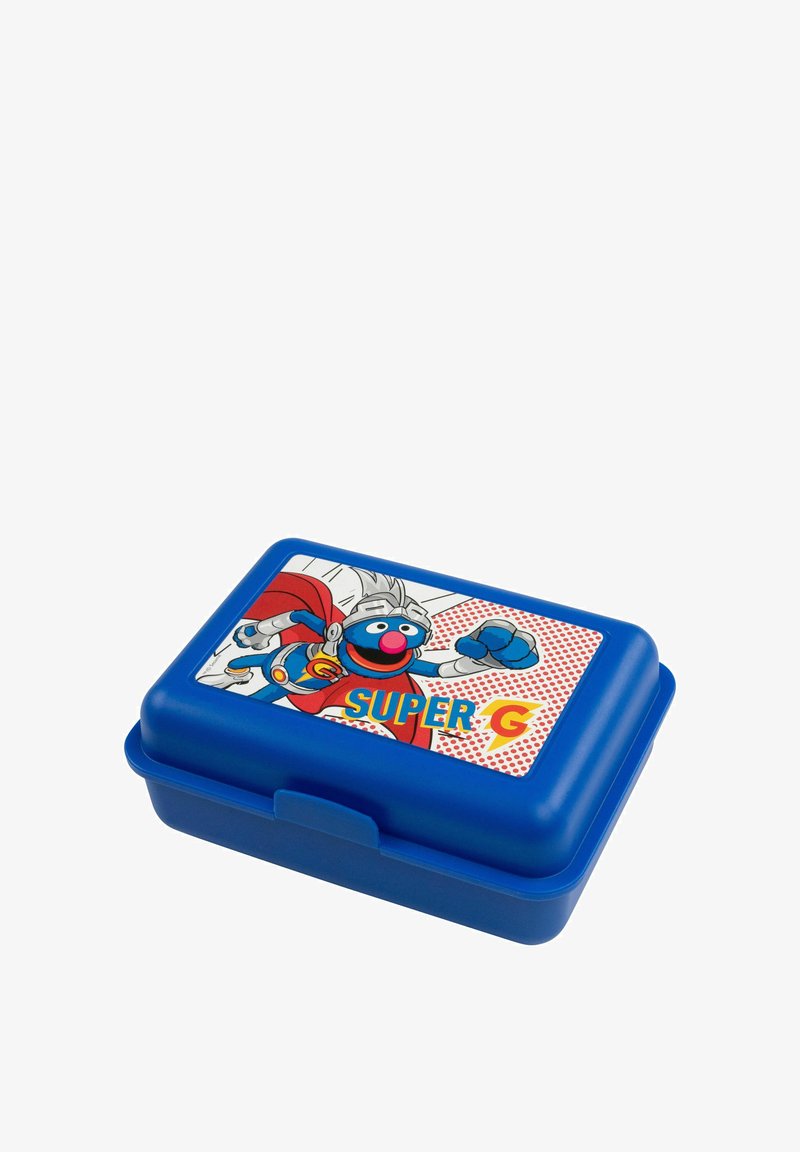 Lunchbox blu in plastica con coperchio, decorato con una grafica di un personaggio dei cartoni animati, testo "SUPER G" in bold, e un motivo a pois nel design.