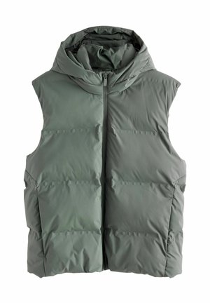 Puffer-Weste in gedämpftem Grün, ärmelloses Design, hoher Kragen mit Kapuze, weicher Stoff, auffällige gesteppten Textur, Front-Reißverschluss, zwei Seitentaschen.