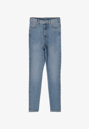 Light blue skinny jeans made of denim, featuring a high waist, five-pocket design, and subtle fading along the legs.