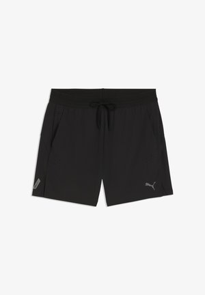 Zwarte sportkorte broek met elastische taille en trekkoord, zijzakken, ventilatiegaten en het Puma-logo op het rechteronderbeen.
