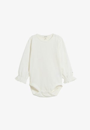 Valkoinen pitkähihainen bodysuit pehmeästä puuvillasta, jossa on röyhelöiset hihansuut ja pyöreä pääntie, jossa nepparikiinnitys alhaalla.