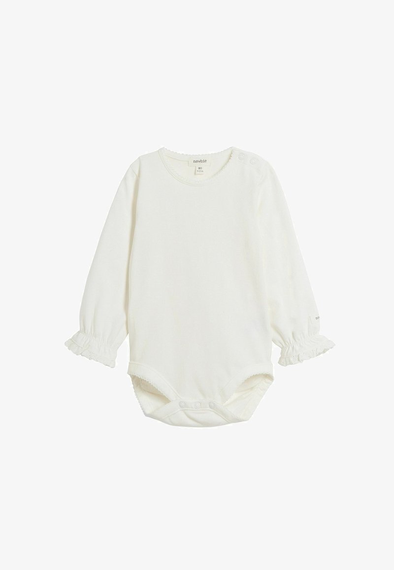 Witte, lange mouwen body van zacht katoen, met gerimpelde manchetten en een ronde halslijn met drukknoopsluitingen aan de onderkant.