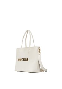Witte leren tote bag met gouden "MARC ELLIS" logo, twee bovenhandvatten, afneembare schouderband, strak design, gladde textuur.