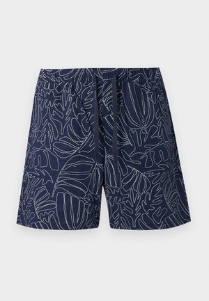 Marineblaue Shorts mit weißen Umrissen tropischer Blätter, elastischem Bund und navy-blauem Kordelzug vorne.
