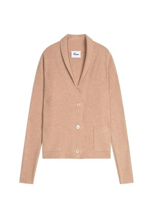 Beige kasjmier cardigan met een sjaalkraag, lange mouwen, voorzakken en vijf knopen. Zachte textuur met een eenvoudig ontwerp.