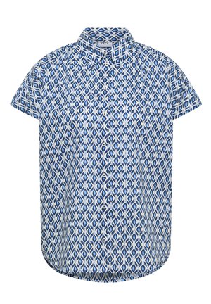 Chemise à manches courtes boutonnée avec motif géométrique bleu et blanc et col pointu.