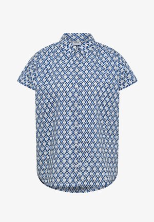 Koszula na krótki rękaw zapinana na guziki, z niebiesko-białym geometrycznym wzorem i szpiczastym kołnierzem.