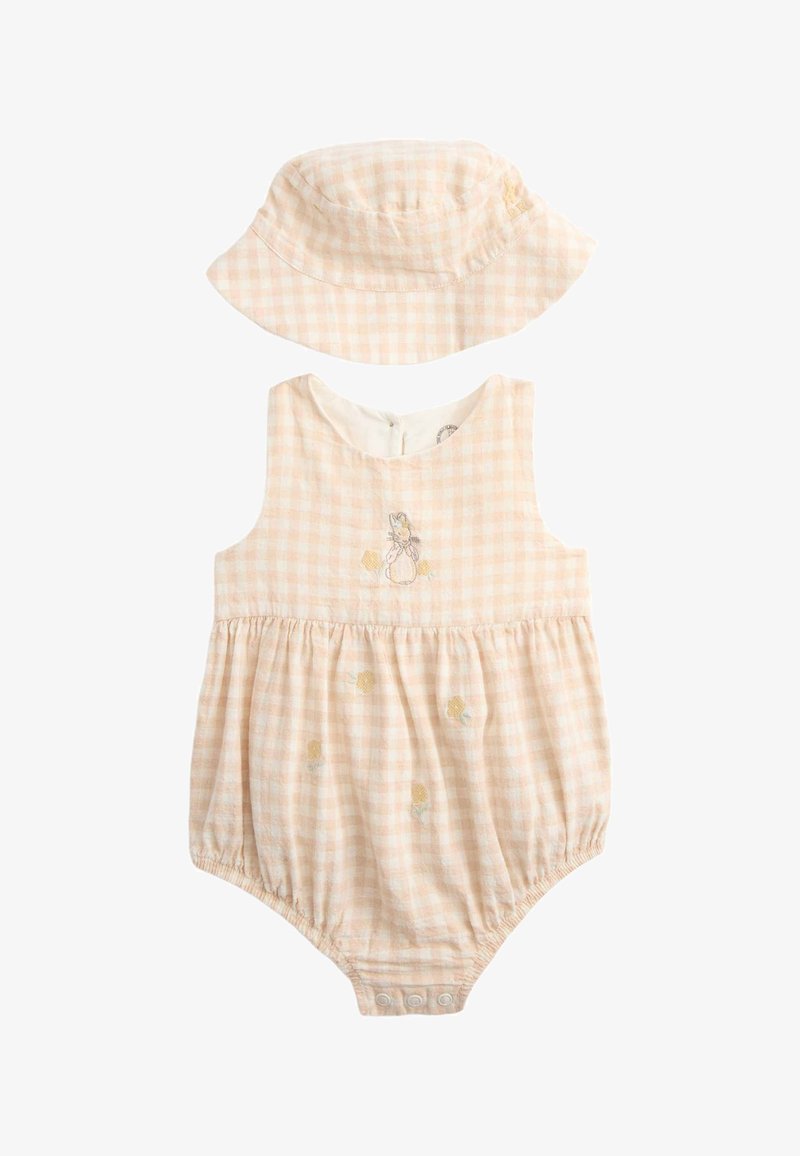 Peach and white gingham baby romper with floral embroidery and matching bucket hat, both made of soft fabric with snap closures on romper.