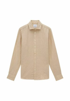 Long-sleeve shirt in light beige linen, featuring a collar, button front, and cuffed sleeves with a textured weave.