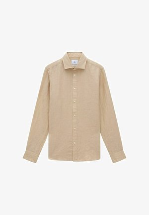 Lange mouwen shirt in lichtbeige linnen, met een kraag, knopen aan de voorkant en omgeslagen mouwen met een gestructureerde weving.