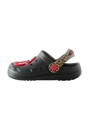 Black rubber clog with red accents, leopard print strap, ventilation holes, and textured sole. Features a playful design on the upper.