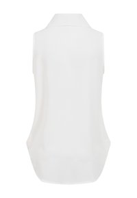 Blouse blanche sans manches avec un col, vue de dos, dotée d'un ourlet légèrement arrondi et d'un tissu lisse.