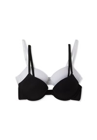 Reggiseni imbottiti bianco e nero, con spalline regolabili, tessuto liscio e un design classico con chiusura a gancio e occhiello sul retro.