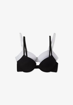 Reggiseni imbottiti bianco e nero, con spalline regolabili, tessuto liscio e un design classico con chiusura a gancio e occhiello sul retro.