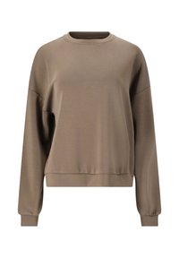 Bruin, langemouw sweatshirt van gladde stof. Kenmerkt zich door een ronde halslijn, verlaagde schouders en een geribbelde zoom. Eenvoudig en minimalistisch ontwerp.