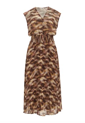 Pleated maxi dress in a watercolor print with shades of brown, cream, and gold; features a v-neck and elastic waist for comfort.