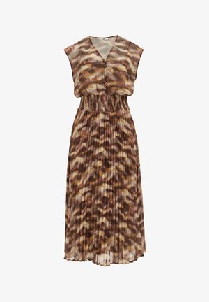 Maxi sukienka w plisowanym kroju, w nadruk w akwareli w odcieniach brązu, kremu i złota; posiada dekolt w serek oraz elastyczną talię dla wygody.