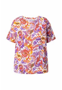 Korte mouwen blouse met een levendig paisleypatroon in rood, paars en oranje op een witte achtergrond, met een ontspannen pasvorm.