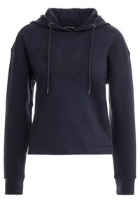 Marinblå hoodie i mjukt tyg, med en diagonalt randig logotyp på framsidan, justerbara snoddar och ribbade ärmslut.