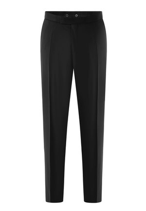 Black trousers with a tailored fit, pleated front, and a smooth, woven texture. Two buttons at the waist and straight leg design.