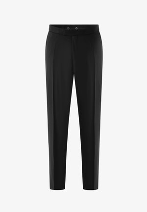 Black trousers with a tailored fit, pleated front, and a smooth, woven texture. Two buttons at the waist and straight leg design.