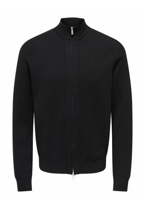 Zwarte gebreide cardigan met een hoge kraag en een rits aan de voorkant. De stof heeft een gladde textuur met een nauwsluitend ontwerp en geribbelde manchetten.