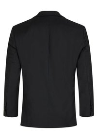 Schwarzer Blazer mit Reverskragen, einfachem Rückenschlitz, langen Ärmeln und Knopfmanschetten. Glatte Stofftextur, taillierte Passform.