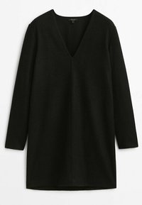 Black knitted dress with a deep V-neck, long sleeves, and a straight silhouette. Soft texture with no visible patterns or embellishments.
