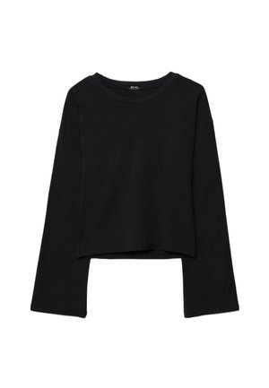 Črna daljša majica s krojenimi dolgimi rokavi, okroglim izrezom in sproščenim krojem, prikazana na belem ozadju.