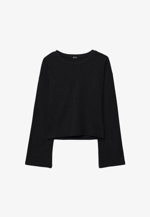 Črna daljša majica s krojenimi dolgimi rokavi, okroglim izrezom in sproščenim krojem, prikazana na belem ozadju.